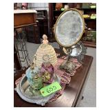 #655 Antique Woman’s Vanity Lot incl. Perfume Bottles, Mirrors, Pincushion, etc.