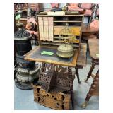#666 Large Anique Group incl. Scribes Field Desk, Telescope, Wind Up Bird  Cage, Corner Shelf, Wall 