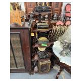 #671 5 Tier What Not Corner Shelf with Victorian Tin Toleware Deed Strong  Cash Boxes, Large Tobacco