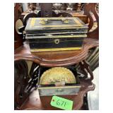 #671 5 Tier What Not Corner Shelf with Victorian Tin Toleware Deed Strong  Cash Boxes, Large Tobacco