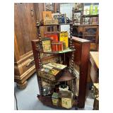 #678 4 Tier Victorian Corner Shelf w/ Advertising Tins, Kitchen Related, etc.