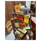 #678 4 Tier Victorian Corner Shelf w/ Advertising Tins, Kitchen Related, etc.