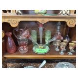 #692 Cranberry glass Group incl. Epergne Centerpiece, Pitchers, etc.