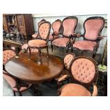 #695 Large Pink Upholstered Victorian Style Dining Set of 13 incl. Several