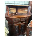 #698 Decorative Mahogany Corner Cabinet with Glass Doors, Mirrors, etc.