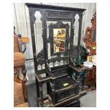 #713 Large Antique Carved Oak Hall Stand with Mirror, Hat Hooks, Bench 