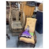 #723 Childs Rocker, Porcelain Face Doll, and Victorian Stroller