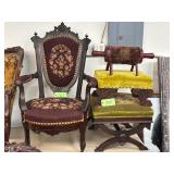 #727 + 728  Antique Victorian Style Upholstered Floral Armchair, Footstools