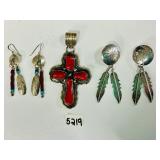 #5219 Navajo Sterling Silver Lot incl. Cross & (2) Pairs of Earrings