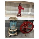 Antique Grinder, Stove, & Water Pump