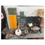 Several parts bins of hardware, CAI heavy duty bench grinder, 