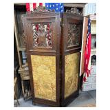 #479 Victorian Room Divider with Hand Carved Top and Sides and Hand-Woven Fabric