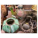 #460 Lot of 3 Incl. Victorian Hanging Oil Lamp with Green Slag Glass Lamp Shade & Emarald Green Vase