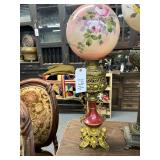 #461 Gone With the Wind Large Ornate Victorian Oil Lamp with Floral Painted Globe