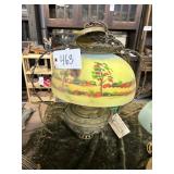 #463 Hanging Victorian Brass Oil Lamp with Reverse Painted Glass Shade