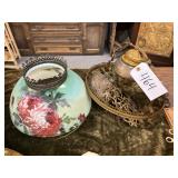#464 Hanging Victorian Brass   Oil Lamp with Hand Painted Flowers