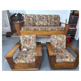 #474B Mission Style Oak Couch and Matching Chairs with Floral Fabric