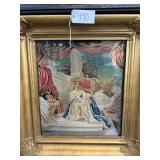 #490 Large Hard Sewn Victorian Artwork with Queen on Throne with Gold Frame