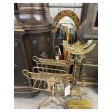 #491 Lot of 5 Incl. Oval Gold Mirror, Brass Victorian Magazine Stands Brass Ship Fishbowl Stand (no 
