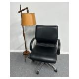 1990s Tubular Chrome and Black Faux Leather Chair & Floor Lamp 