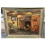 Canvas Oil Painting of Woman Sewing Near Fireplace