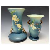 (2) Roseville Blue Apple Blossom Vases