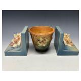 Roseville Blue Magnolia 13 & Bookends & Orange Pot