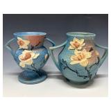 (2) Blue Roseville Pottery Magnolia Vases