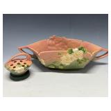 Roseville- Pink White Rose Pottery Frog & Console Bowl