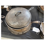 #791 Lot of 3 Incl. Cast Iron 8G2 Skillet w/ Perforated Cast Iron Roasting Trivet and 8H lid