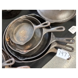 #797 Lot of 5 Wagner Ware Sidney Cast Iron Skillets Incl. 3, 6, 9, 10, and 10