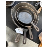 #805 Lot of 5 Cast Iron Skillets incl. 10, 8, Chicken Fryer 8, Wagner Ware 6, and Griswold 3