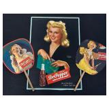 #1412 Dr Pepper Pin-Up Girl Advertising Group of 3 by Earl Moran incl. 2  Hand Fans