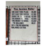 #691 Tire Service Rates Steel 3 Color Single Sided Sign - Approx Dimensions: 30"x24"