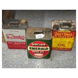 #717 Group of 3 2 Gallon Cans incl. Sinclair Emerald Auto Oil, Drakes, & Riley  Bros.
