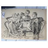 #92 Large original charcoal/Graphite/ Stunning Woman Being Admired on Couch-Original  art work by Le