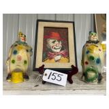 #155 Lot of 3 Incl 2 Chalkware Clown Prizes and Clown Painting signed by Zoe Mozert