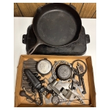 Assortment of Cast Iron Pans, Beatle Boot Scraper, Kitchen Related, etc.