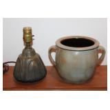 #363 Brass Deco lamp & stoneware pot