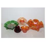 #243 Carnival Glass incl. maroon vase & woven bowl
