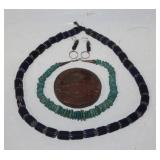 #535 Native American turquoise/sterling necklace, Venetian glass beaded necklace, and pewabic tile