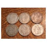 (6) 1921 Morgan S D silver dollar coin
