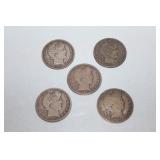 5 Barber half dollar coins 