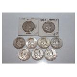 9 Franklin silver half dollars