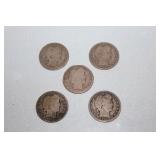 5 Barber silver quarters
