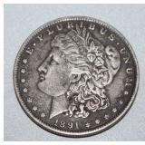 1891 Morgan silver dollar