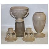 #816 (3) Roseville Volpoto Ivory 7" (Chip) (Hairline) and 6"H 7"W Sticker and Ivory Tuscany PR Candl