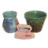 #879 (3) Hull Sun Glow Iron Wall Pocket, Weaved Vase, and Stoneware