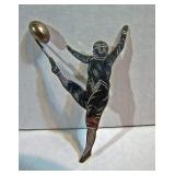 #579 1900 Stamped nickel on brass Football Kicker lapel pin with removable football #579 1900 Stamped nickel on brass Football Kicker lapel pin with removable football