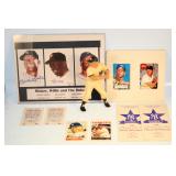 #556 Mickey Mantle lot - Org. Hartland Statue, signed artwork MM & Mays, (4) Porcelain cards 